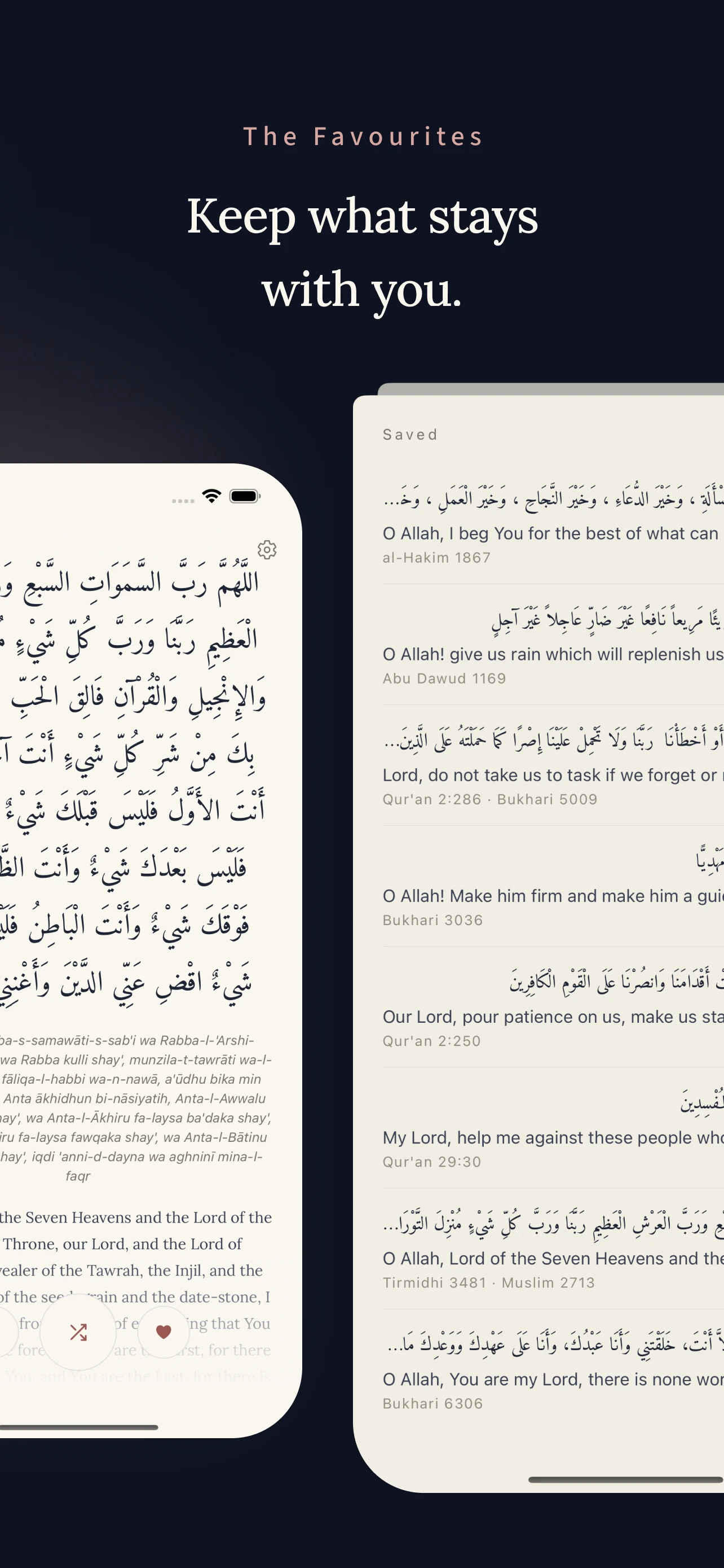 The favourites: the saved list beside a full favourite du'a, under the headline 'Keep what stays with you'.